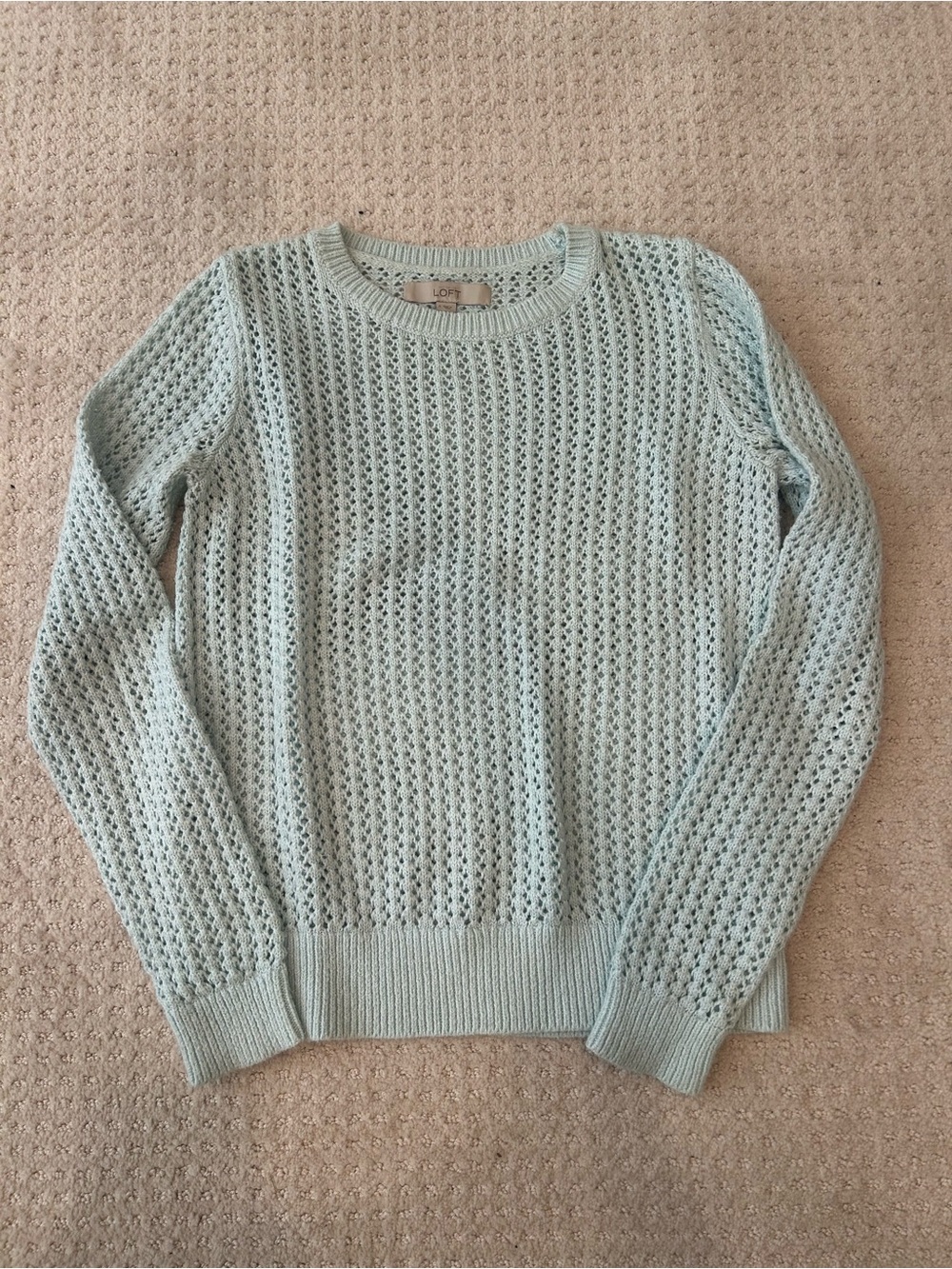 LOFT Mint Blue Open-Weave Crewneck Sweater
